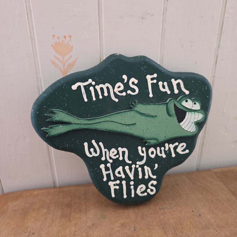 Handpainted Frog Times Fun When You're Having Flies Wooden Sign Green Weird Wall